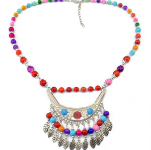 N-5640 Bohemian Vintage Colorful Acrylic Bead Chain Alloy Moon Leaves Tassel Pendant Choker Necklace for Women Costume Jewelry
