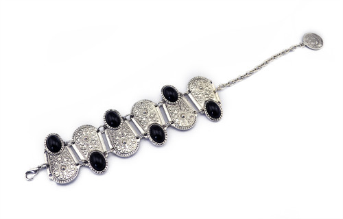 B-0538 Bohemian vintage silver geometry black blue gem stone women bangle bracelet boho jewelry