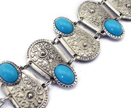 B-0538 Bohemian vintage silver geometry black blue gem stone women bangle bracelet boho jewelry