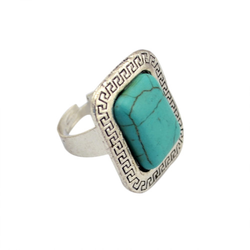 R-1223  New Design Vintage Silver Retro Flower Blue Turquoise Geometry Square Ring  for Women Jewelry