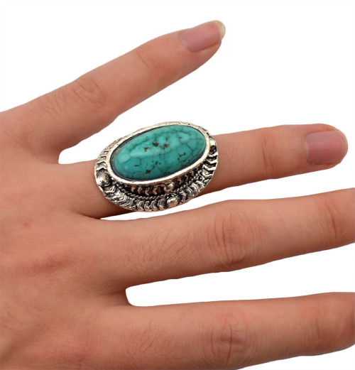 R-1232 New Fashion Vintage Style Turquoise Rings Silver Plated Women Flower Turquoise Rings
