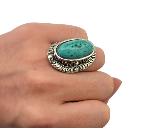 R-1232 New Fashion Vintage Style Turquoise Rings Silver Plated Women Flower Turquoise Rings