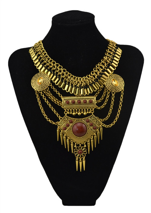 N-5659 European style silver gold plated chunky chain bell crystal rivet tassel statement bib necklace