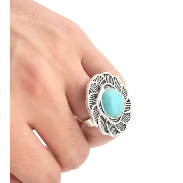 R-1234 New Design Bohemian Style Vintage Silver Retro Big Flower Blue Turquoise Ring for Women Jewelry