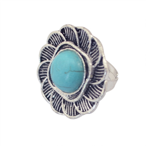 R-1234 New Design Bohemian Style Vintage Silver Retro Big Flower Blue Turquoise Ring for Women Jewelry