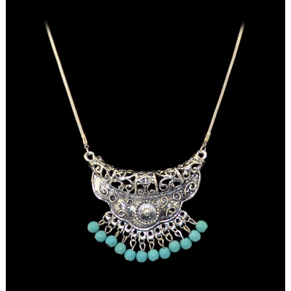 N-5646 Bohemian Vintage Carving Tassel Red Blue Bead Pendant Necklace for Women Costume Jewelry