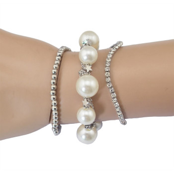 B-0551 New Fashion 3 Pcs Silver Plated Alloy Pearls Dangle Bracelet Set