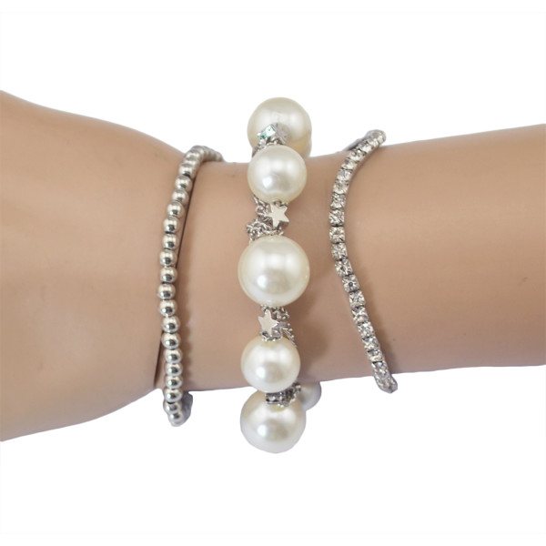 B-0551 New Fashion 3 Pcs Silver Plated Alloy Pearls Dangle Bracelet Set