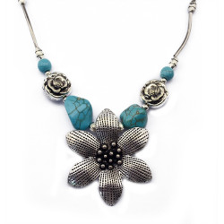 N-5673 Bohemian style silver bone chain metallic rose flower turquoise bead stone choker bib necklace