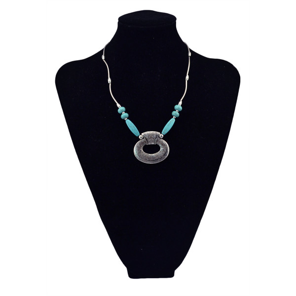 N-5671 Bohemian Gypsy Vintage Silver Plated Big Pendant Turquoise Choker Necklace for Women Costume Jewelry