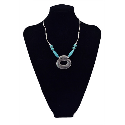 N-5671 Bohemian Gypsy Vintage Silver Plated Big Pendant Turquoise Choker Necklace for Women Costume Jewelry