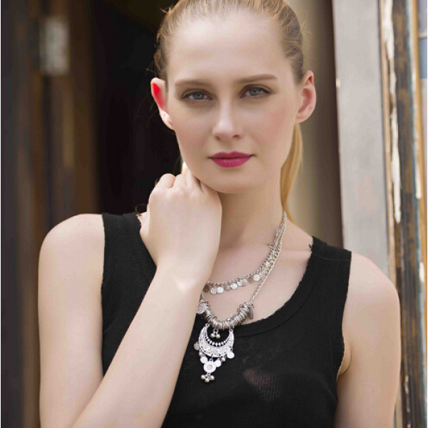 N-5679 European Silver Multi Layer Coin Tassel Statement Necklace Earrings Set Jewelry Gold Chains Moon Ball Pendant Necklace
