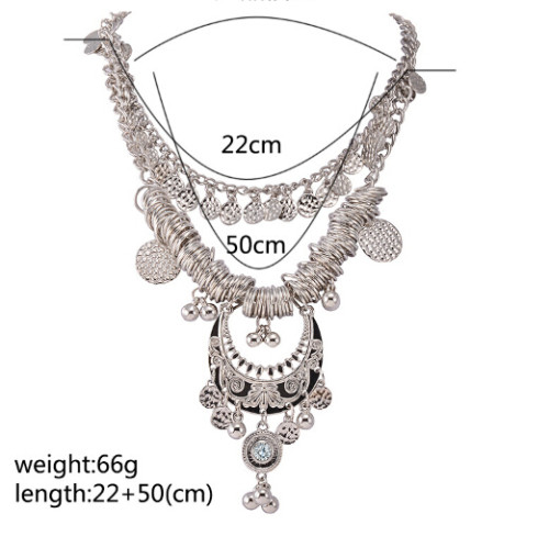 N-5679 European Silver Multi Layer Coin Tassel Statement Necklace Earrings Set Jewelry Gold Chains Moon Ball Pendant Necklace