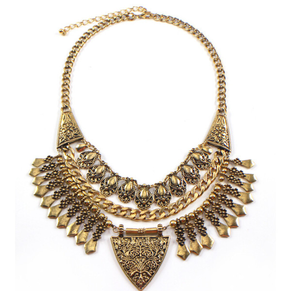 N-5359 European Vintage Style Carving Flower Drop Tassels Triangle Statement Necklace