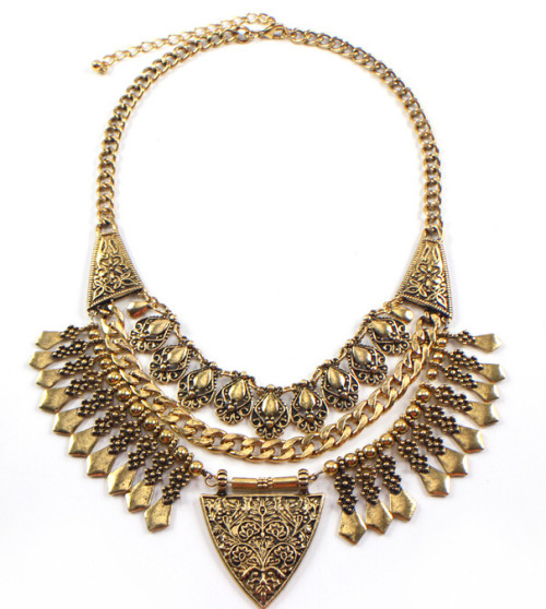 N-5359 European Vintage Style Carving Flower Drop Tassels Triangle Statement Necklace