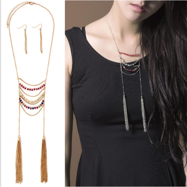 N-5667 New Fashion Gold Silver Plated Colorful Crystal Beads Long Tassel Chain Pendant Necklace