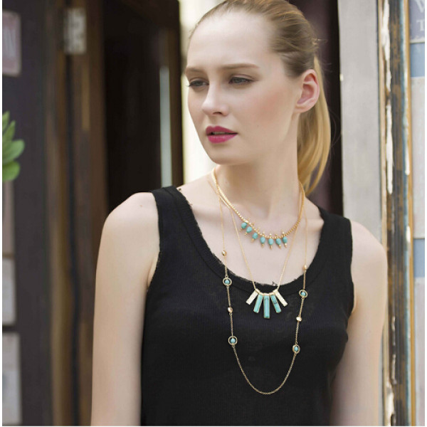 N-5678 New Bohemian Fashion Silver Turquoise Bead Round  Charms Women Multi Layer Necklace Gold Chains Fine Jewelry Accessories
