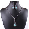 N-5668  E-3522 Bohemian style blue rhinestone turquoise gem stone jewelry sets, Tibetan silver oval rimous necklace earrings sets