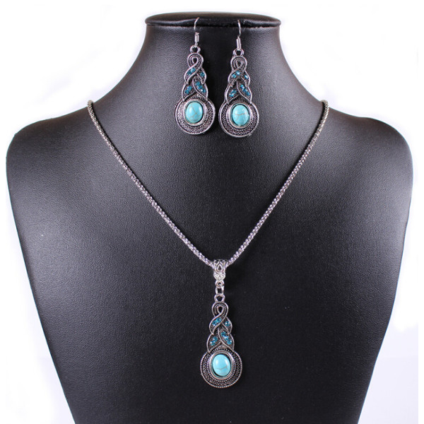 N-5668  E-3522 Bohemian style blue rhinestone turquoise gem stone jewelry sets, Tibetan silver oval rimous necklace earrings sets