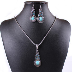 N-5668  E-3522 Bohemian style blue rhinestone turquoise gem stone jewelry sets, Tibetan silver oval rimous necklace earrings sets