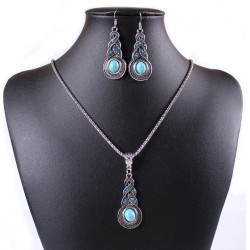 N-5668 E-3522 Bohemian style blue rhinestone turquoise gem stone jewelry sets, Tibetan silver oval rimous necklace earrings sets