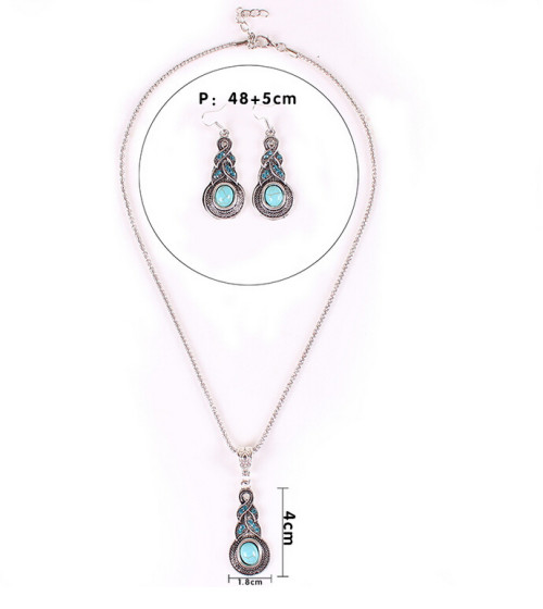 N-5668  E-3522 Bohemian style blue rhinestone turquoise gem stone jewelry sets, Tibetan silver oval rimous necklace earrings sets