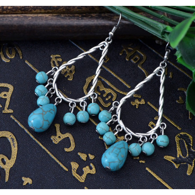 E-3528 New Fashion Bohemia Tibet Silver Water Drop Turquoise Dangle Earrings