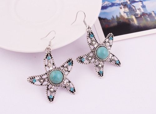 N-5666 E-3521 Bohemian style rhinestone turquoise gem stone jewelry sets Tibetan silver plated flower pendant necklace earrings sets For Women