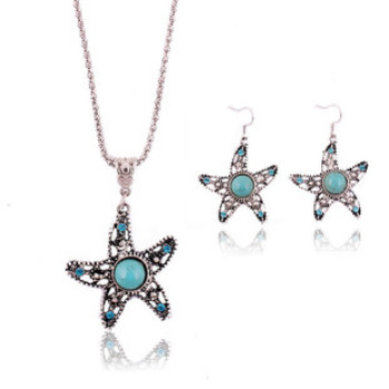 N-5666 E-3521 Bohemian style rhinestone turquoise gem stone jewelry sets Tibetan silver plated flower pendant necklace earrings sets For Women