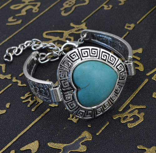 B-0547 New Bohemian style heart shape turquoise Stone carving flower watch Bracelet