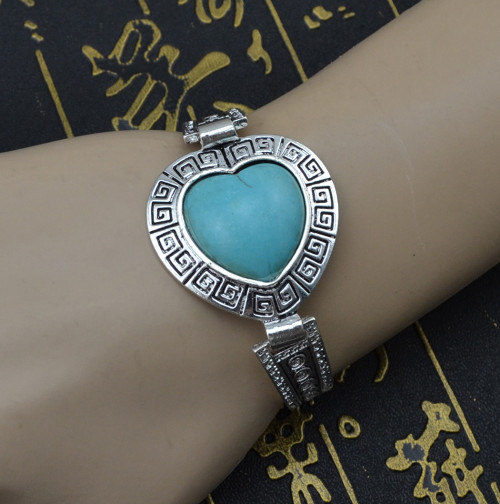 B-0547 New Bohemian style heart shape turquoise Stone carving flower watch Bracelet