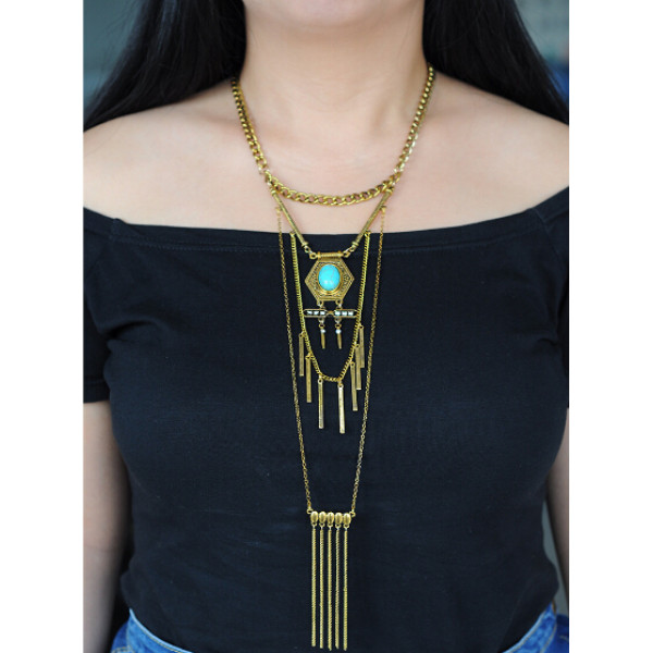 N-5699 The new European and American trade jewelry accessories multi-national wind turquoise tassel necklace chain pendant set