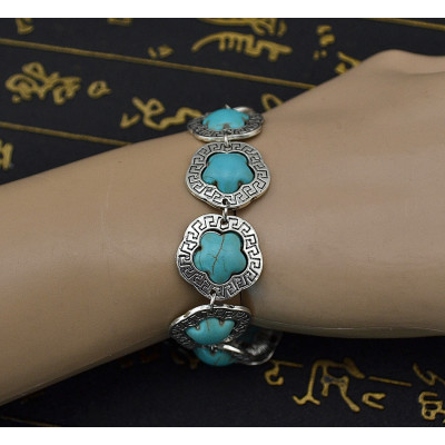 B-0563 Gypsy Tibetan Vintage Silver Bangle Bracelet Link Chain Flower Nature Turquoise Stone Bracelet for Women Jewelry Accessories