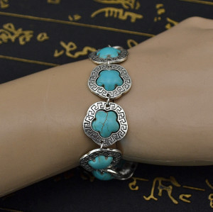 B-0563 Gypsy Tibetan Vintage Silver Bangle Bracelet Link Chain Flower Nature Turquoise Stone Bracelet for Women Jewelry Accessories