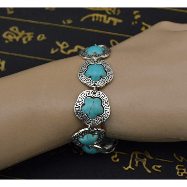 B-0563 Gypsy Tibetan Vintage Silver Bangle Bracelet Link Chain Flower Nature Turquoise Stone Bracelet for Women Jewelry Accessories