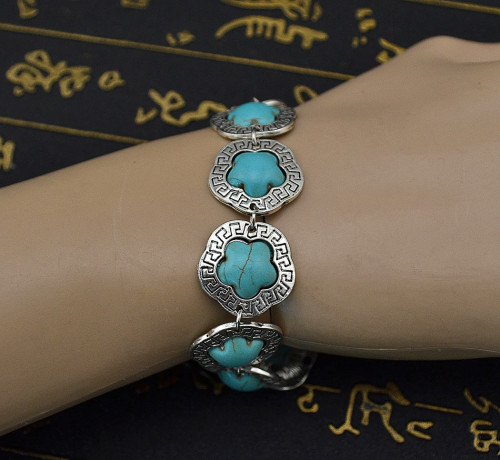 B-0563 Gypsy Tibetan Vintage Silver Bangle Bracelet Link Chain Flower Nature Turquoise Stone Bracelet for Women Jewelry Accessories