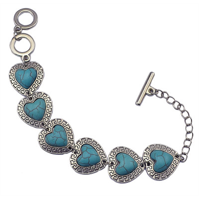 B-0567 New Fashion Vintage Silver Bangle Bracelet Jewelry Accessories Heart Shaped Nature Turquoise Stone Bracelet for Women