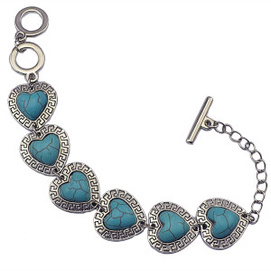 B-0567 New Fashion Vintage Silver Bangle Bracelet Jewelry Accessories Heart Shaped Nature Turquoise Stone Bracelet for Women