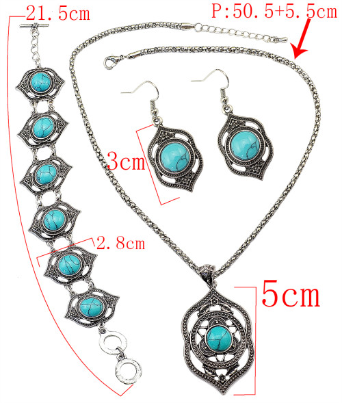 N-5709 New Fashion Turquoise Pendant Choker Necklace Bracelet Earrings Set for Women