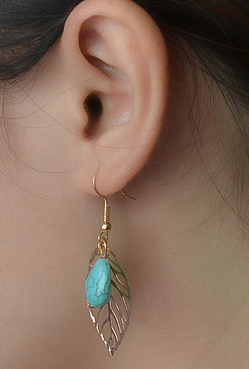 E-3538 New Bohemia Fashion Gold Plated Turquoise Beads Leaf Dangling Earrings
