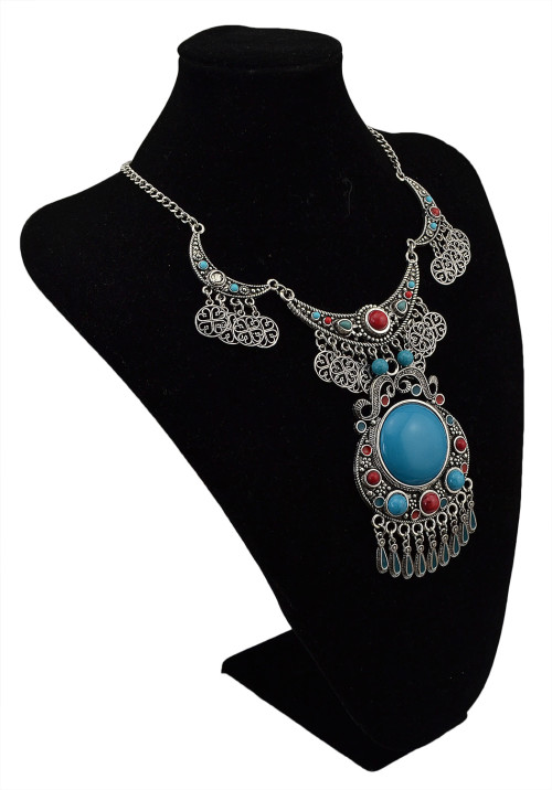 N-5711 Vintage Silver Gold Plated Big Turquoise Pendant Choker Bib Necklace Bohemian Turkish Women Retro Jewelry