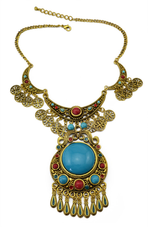 N-5711 Vintage Silver Gold Plated Big Turquoise Pendant Choker Bib Necklace Bohemian Turkish Women Retro Jewelry