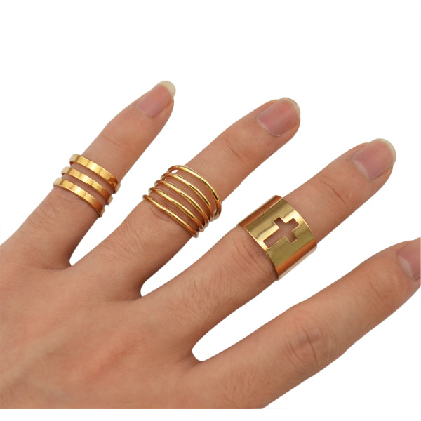 R-1239 New Arrival European Fashion Shiny Punk Polish Gold Stack Plain Band Midi Mid Finger Knuckle Rings Set for Women Rock Jewelry
