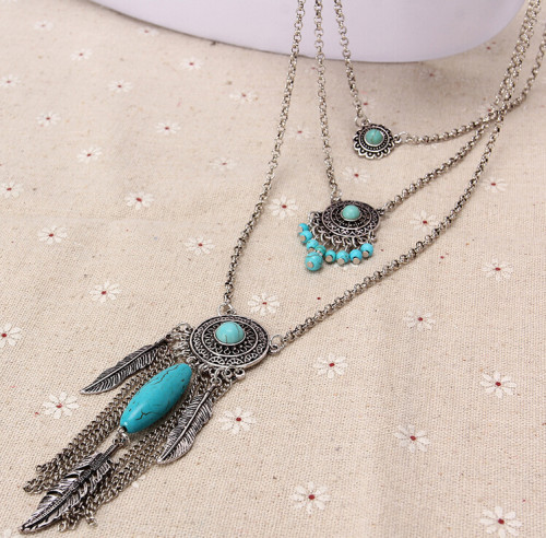 N-5722 Bohemian style multi layer chain turquoise beads drop tassel metal leaf feather vintage boho ethnic long pendant necklace