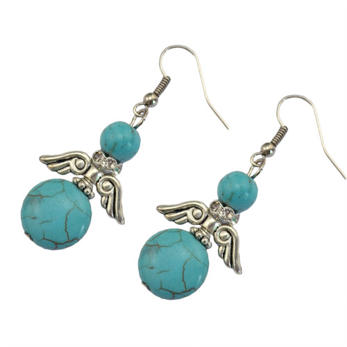 E-3553 Bohemian style turquoise beads silver plated angle wings shape rhinestone dangle earrings