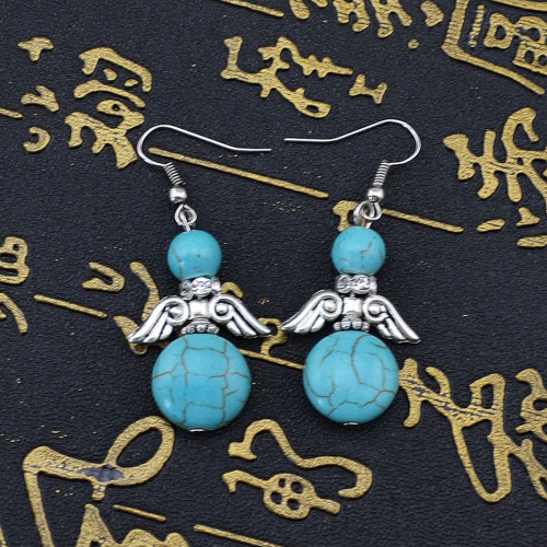 E-3553 Bohemian style turquoise beads silver plated angle wings shape rhinestone dangle earrings