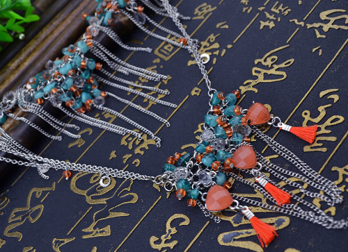 N-5724 New Fashion European Multilayer Nature Stone Tassel Charm Alloy Necklace