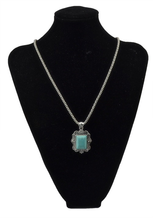 N-5719 Bohemian Vintage Look Antique Silver Plated Chain Turquoise Stone Square Flower Long Pendant Necklace for Women