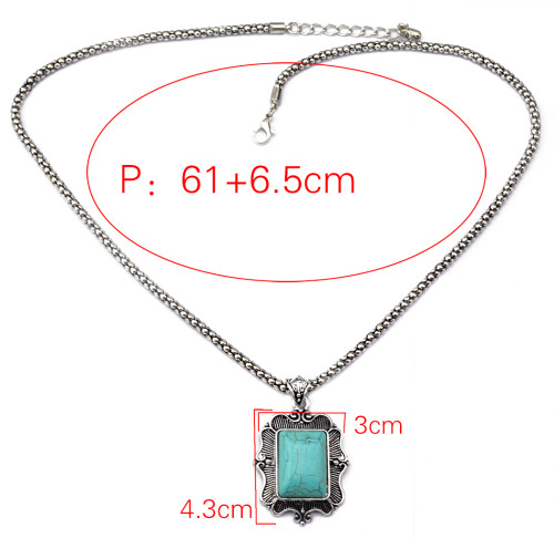 N-5719 Bohemian Vintage Look Antique Silver Plated Chain Turquoise Stone Square Flower Long Pendant Necklace for Women