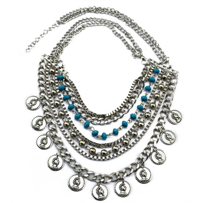 N-5728 New Fashion Bohemia Silver Plated Coin Fringe Multilayer Chain Charm Alloy Statement Necklace